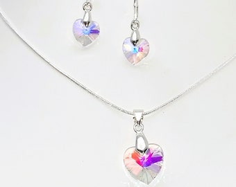 Aurora Borealis Crystal Glass Heart Necklace Set (heart on necklace is 14mm/0.55" heart on earrings is 10mm/0.39")