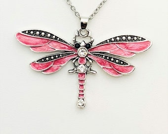 Dragonfly Silver and Light Indian Red Pendant Necklace  Rhinestones (Pendant 2.83 inch wide and 1.65 inch long)