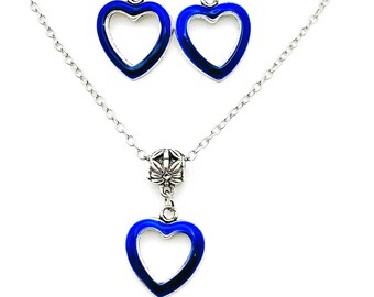 Tibetan Style Silver Alloy and Blue Enamel Heart Necklace Set (Heart size 0.94"Long X 0.78"Wide)
