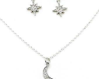 Cubic Zirconia Moon and Star Necklace Earring Set, Silver Plated