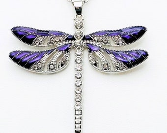 Dragonfly Platinum and Indigo Pendant Necklace w/Rhinestones (Pendant 2.51 inch wide and 2.24 inch long)