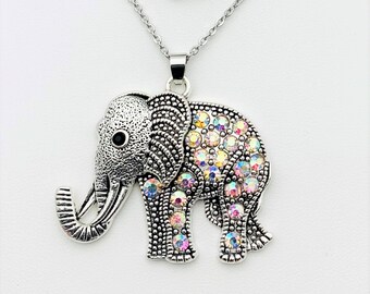 Tibetan Style Crystal Color Rhinestone Elephant Pendant Necklace (pendant size 1.69"Long X 2.00"Wide)