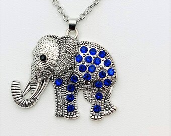 Tibetan Style Sapphire Color Rhinestone Elephant Pendant Necklace (pendant size 1.69"Long X 2.00"Wide)