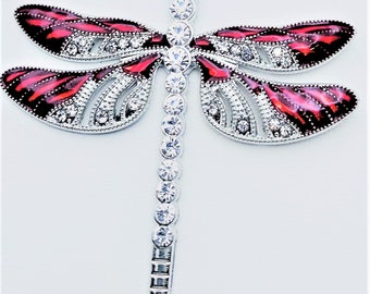 Dragonfly Platinum/Deep Red Pendant Necklace Rhinestones (Pendant 2.51 inch wide and 2.24 inch long)