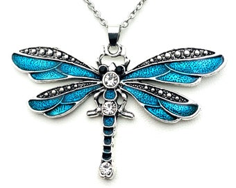 Dragonfly Silver and Teal Pendant Necklace (Pendant 2.83 inch wide and 1.65 inch long)