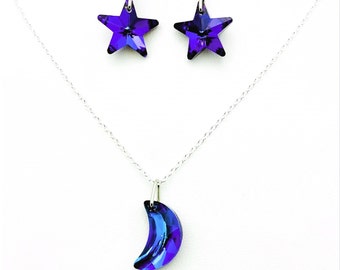 Blue/Purple Crystal Glass Moon and Stars Necklace Set (size of moon is 20mm size of star is 18mm)