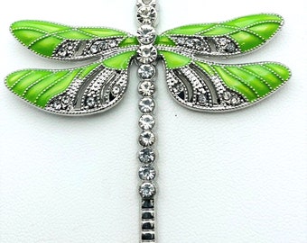 Dragonfly Platinum and Yellow/Green Enamel Pendant w/Rhinestones Necklace (Pendant 2.51 inch wide and 2.24 inch long)