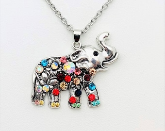 Elephant Pendant Necklace Multi Color Rhinestone (rhinestones are random) (pendant size - 1.37"Long X 1.77"Wide)
