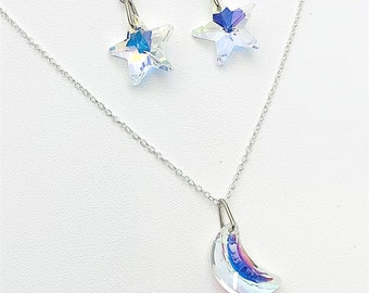 Clear Crystal Glass Moon and Stars Necklace Set (size of moon is 20mm size of star is 18mm)
