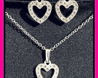 Silver Rhinestone Heart Necklace Set 925 SLP (Heart is 14mm/.55"L X 12.5mm/.48"W)