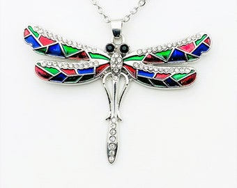 Dragonfly Platinum and Red/Green/Blue Pendant Necklace (Pendant 2.57 inch wide and 1.79 inch long)