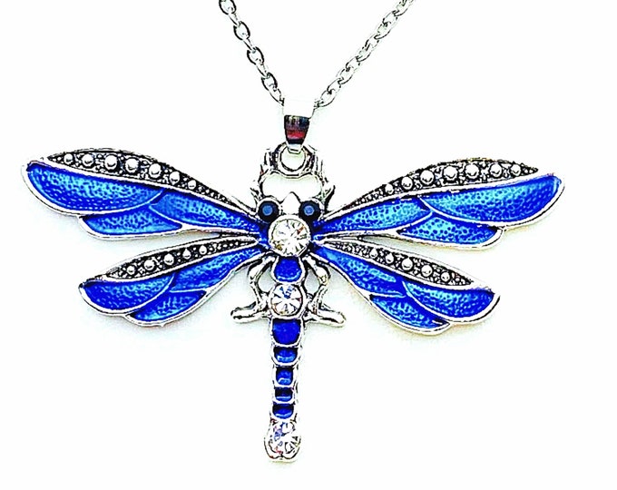 Featured listing image: Dragonfly Silver and Blue Pendant Necklace