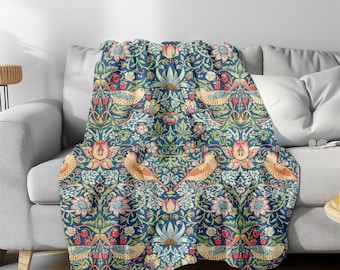 William Morris Strawberry Thief Plush Blanket: Vintage Floral Throw