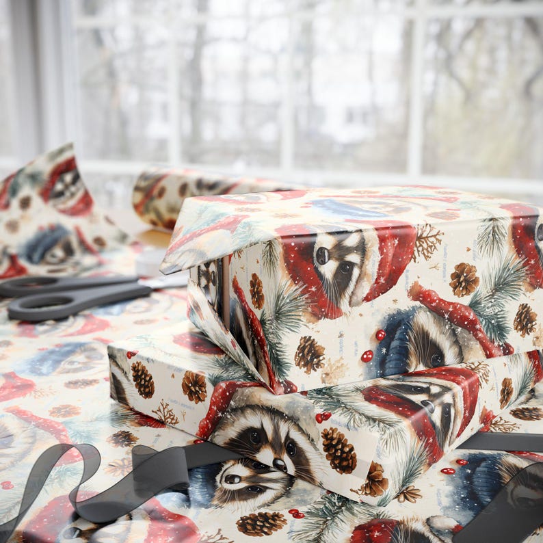Raccoon Wrapping Paper Christmas Raccoons Gift Paper Gift Wrapping Paper Glossy Christmas Gift Wrap Gloss Paper Birthday Paper Watercolor
