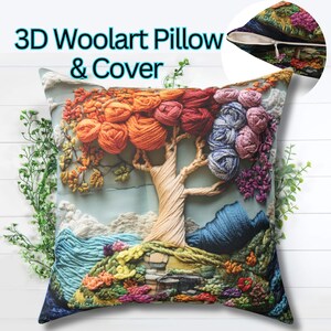Puede incluir: Una almohada de arte de lana 3D colorida con un diseño de árbol. La almohada está hecha de hilo y tiene una cremallera. La almohada está sobre una superficie blanca con plantas verdes.
