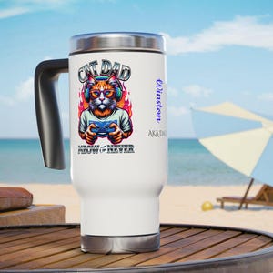 Travel Mug Cat Dad Mug For Gamer Dads Fathers Day Gift, Cat Gaming, Personalised Gift For Men Stainless Steel Mug Custom Dad Mug Gaming Gift