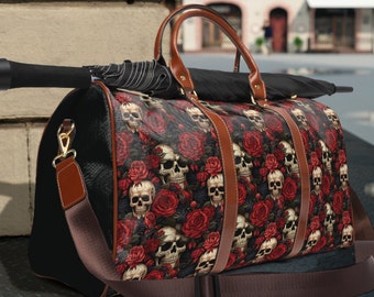 Rose and Skull Travel Bag Leather Travel Bag Skulls Leather Bag Women Waterproof Travel Bag High Grade Leather Bag Overnight Bag Weekend