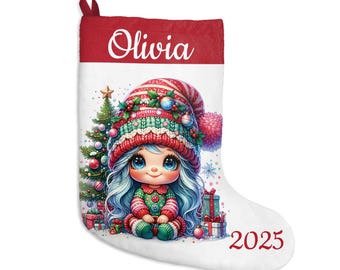 Calcetín navideño personalizado de gnomo para bebé niña, regalo navideño para niños, linda decoración navideña, calcetín navideño personalizado, para niños