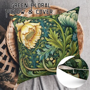 Green Floral Pillow and Case William Morris Style Square Pillow Cover & Art Nouveau Pillowcase Pillow Green Forest Pattern Pillow