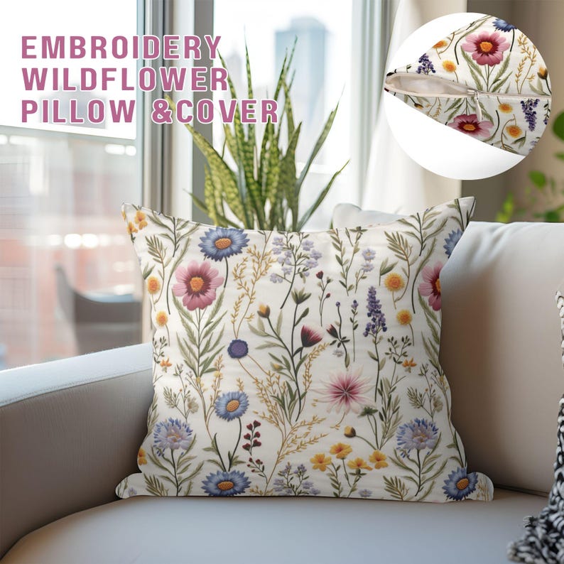 Wildflower Pillow Cover: Floral Print Square Pillow, Cottagecore Decor image 1