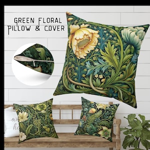 Green Floral Pillow and Case William Morris Style Square Pillow Cover & Art Nouveau Pillowcase Pillow Green Forest Pattern Pillow