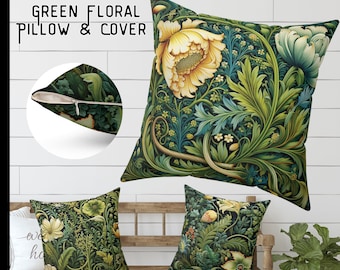 Green Floral Pillow and Case William Morris Style Square Pillow Cover & Art Nouveau Pillowcase Pillow Green Forest Pattern Pillow
