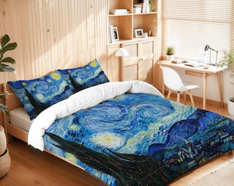 Juego de edredón Queen de 3 piezas con diseño de la Noche Estrellada de Van Gogh, juego de cama para dormitorio, edredón, ropa de cama con obras de arte famosas, juego de cama individual con decoración de Van Gogh