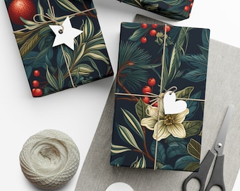 William Morris Style Christmas Floral Gift Wrap: Red & Green Flowers