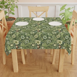 Green Floral Table Cloth Greenery William Morris Table Linen Cotton Table Decor Kitchen and Dining Decor Vintage Style Square Table