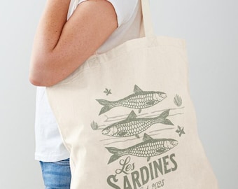 Vintage Sardines Cotton Canvas Tote Bag: Retro Fish Market Design
