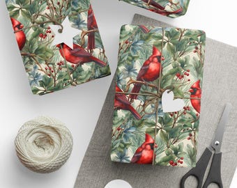 Papier do pakowania w kardynała Papier świąteczny w stylu vintage Papier prezentowy w stylu kardynała Papier prezentowy w stylu William Morris z motywem ptaków 3 rozmiary Matowy błyszczący papier świąteczny