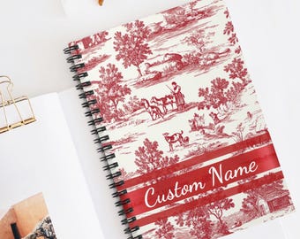 Custom Name Toile De Jouy Journal Red Toile Spiral Notebook- Ruled Line Notebook Gift for Women notebook for her Birthday gift Toile deour