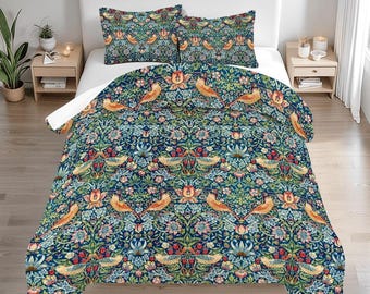 William Morris Strawberry Thief Queen Comforter Set: Vintage Botanical Bedding