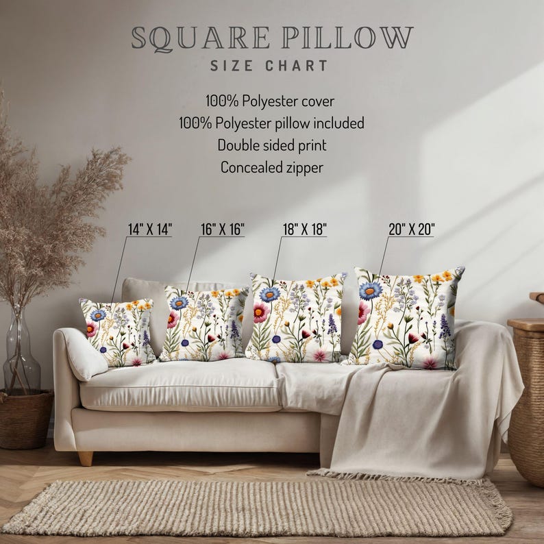 Wildflower Pillow Cover: Floral Print Square Pillow, Cottagecore Decor image 2