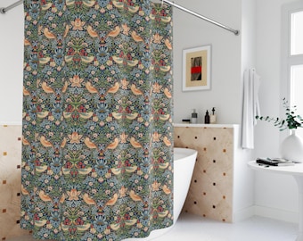 Cortina de ducha William Morris: diseño floral de pájaro ladrón de fresas vintage. Alta calidad. Fabricada en EE. UU.