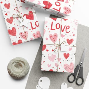 Valentines Day Wrapping Paper Love Heart Gift Paper Roll, Large 3 Roll Set Valentines Day Gift Wrap Hearts Design, Gift Wrap Rolls for Love