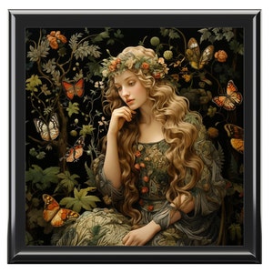 Wooden Jewelry Box Mystical Fairy in a Forest William Morris Style Jewellery Box Custom Wood Storage Box Sewing Box Craft Box