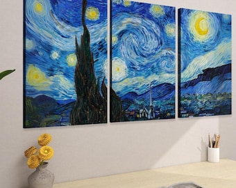 Starry Night 3 Panel Canvas Print Van Gogh Wall Art Triptych Modern Celestial Home Decor Gallery Wall Gift for Art Lovers museum wall art