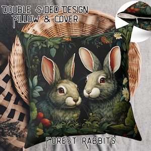 Almohada y funda de conejo del bosque inspiradas en William Morris, 18 x 18 pulgadas, cojín con animales del bosque, decoración artesanal, regalo, sala de costura, manualidades para mamás, Forestcore
