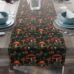 Pilz Blumen Tischläufer Fliegenpilz William Morris Tischdecke Tischwäsche Baumwolle Tischdeko Küche und Esszimmer Dekor Vintage Style Tisch