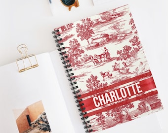 Custom Name Toile De Jouy Spiral Notebook: Red Floral Journal