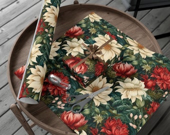 Vintage Christmas Wrapping paper Floral Gift Paper William Morris Style Red Green Flowers Gift Wrap 3 sizes Matte Gloss Christmas Paper Wrap
