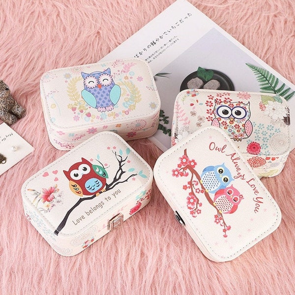 Portable Jewelry box Cute Owl Box Travel Case Mini Jewelry Organizer Display Travel Jewellery Zipper Case Boxes Portable Leather Storage