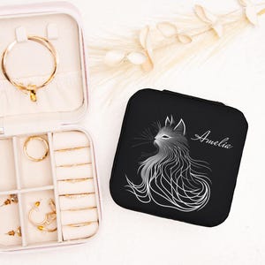 Custodia da viaggio per gioielli con gatto nero, custodia per gioielli personalizzata, regalo per amanti dei gatti in similpelle, piccola scatola per gioielli da viaggio per anelli