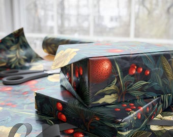 Christmas Wrapping Paper Floral Gift Paper William Morris Style Red Green Flowers Gift Wrap 3 sizes Matte Gloss Vintage Christmas Paper