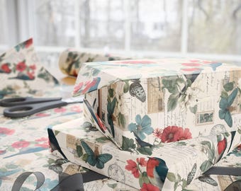 Papel de embrulho vintage floral com pássaros, rolo de papel de embrulho para presente de aniversário com pássaros, papel de embrulho para festas, estilo vintage para diário de sucata.