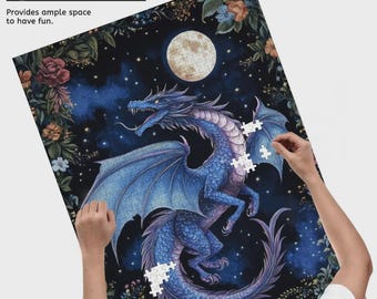 May include: A jigsaw puzzle featuring a blue dragon with large wings, a full moon, and a starry night sky. The puzzle is being assembled, with some pieces already in place. The words "Puzzle Games" and "Provides ample space to have fun" are at the top.