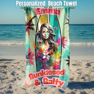 Personalized Beach Towel Custom Beach Towel with Name Sunkissed & Salty Pool Party, Vacation Giftl, Gift for Her, Beach Lover Custom Towel