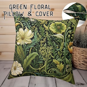Green Floral Pillow and Case William Morris Style Square Pillow Cover & Art Nouveau Pillowcase Pillow Green Forest Pattern Pillow