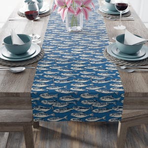 Sardine Table Runner, Sardine Pattern Blue Fish Decor, Coastal Dining, Nautical Kitchen Decor, Sea Life Table Linens, Ocean Theme Home Decor